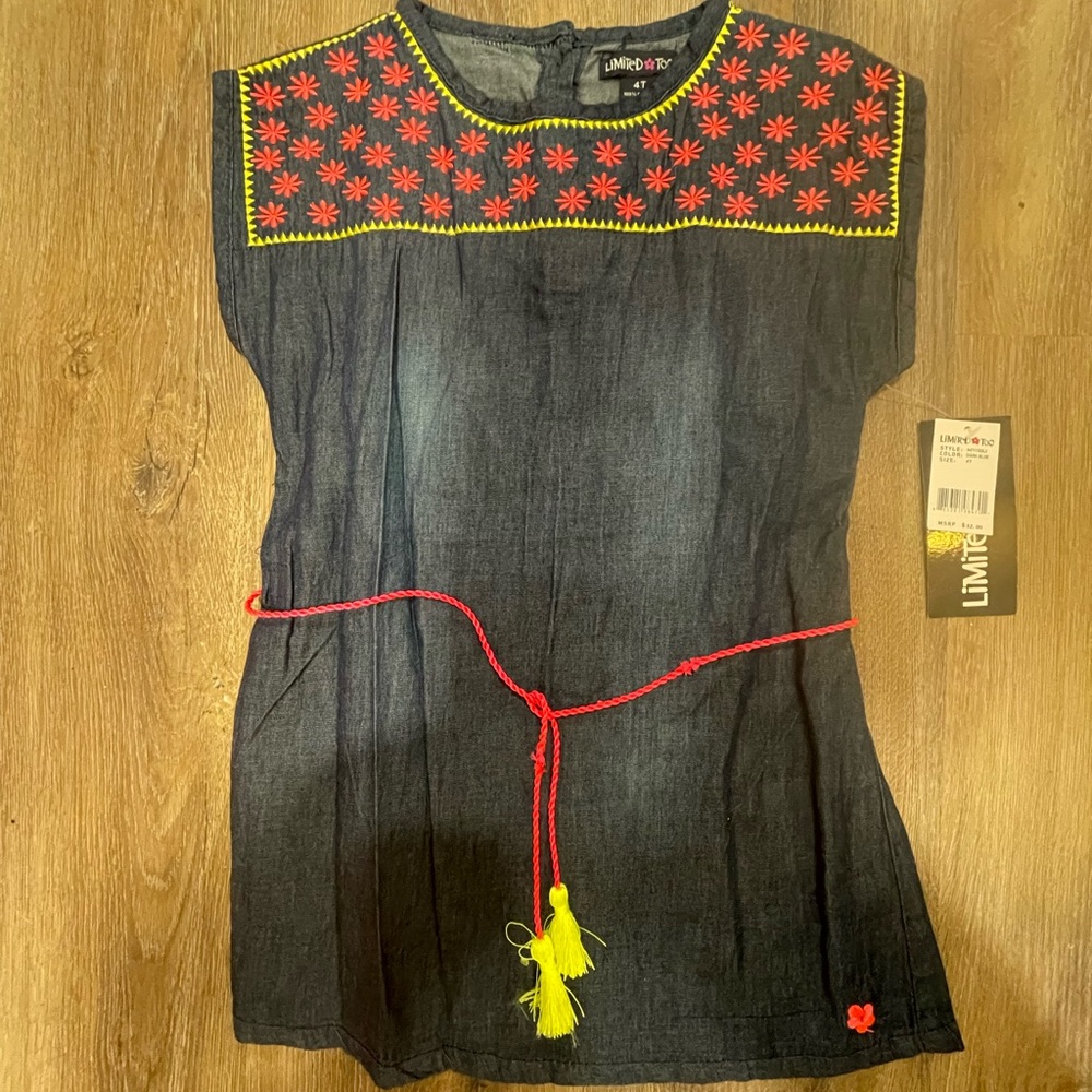 Limited Too Blue Denim Boho Dress with floral accents